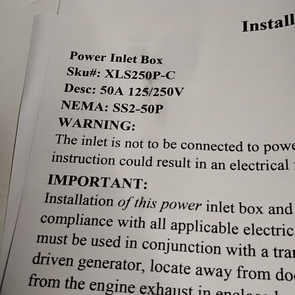 INTERTEK 50 Amp Generator Inlet Box 125/25c Volt RV/EV X1S250PC SS2-50P - Picture 12 of 15